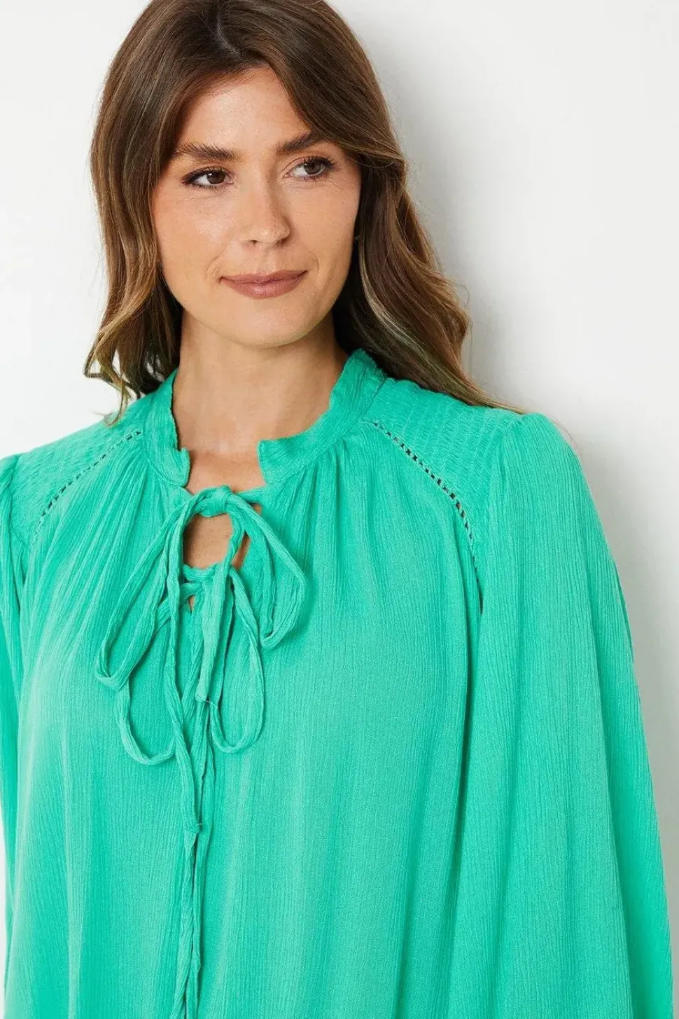 Viscose Crinkle Shirred Insert Tie Blouse