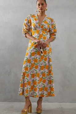 Viscose Floral V Neck Puff Sleeve Midi