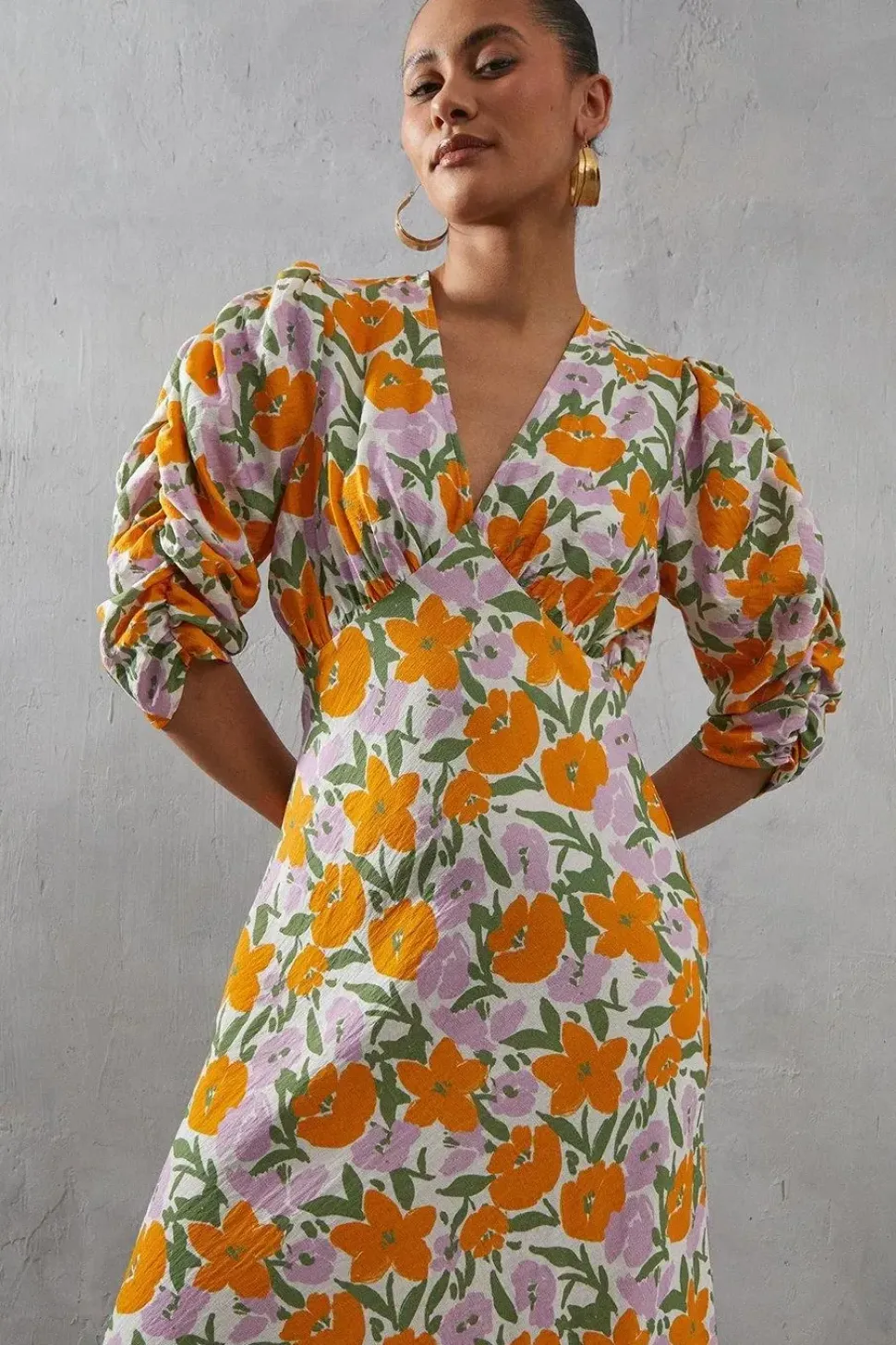 Viscose Floral V Neck Puff Sleeve Midi