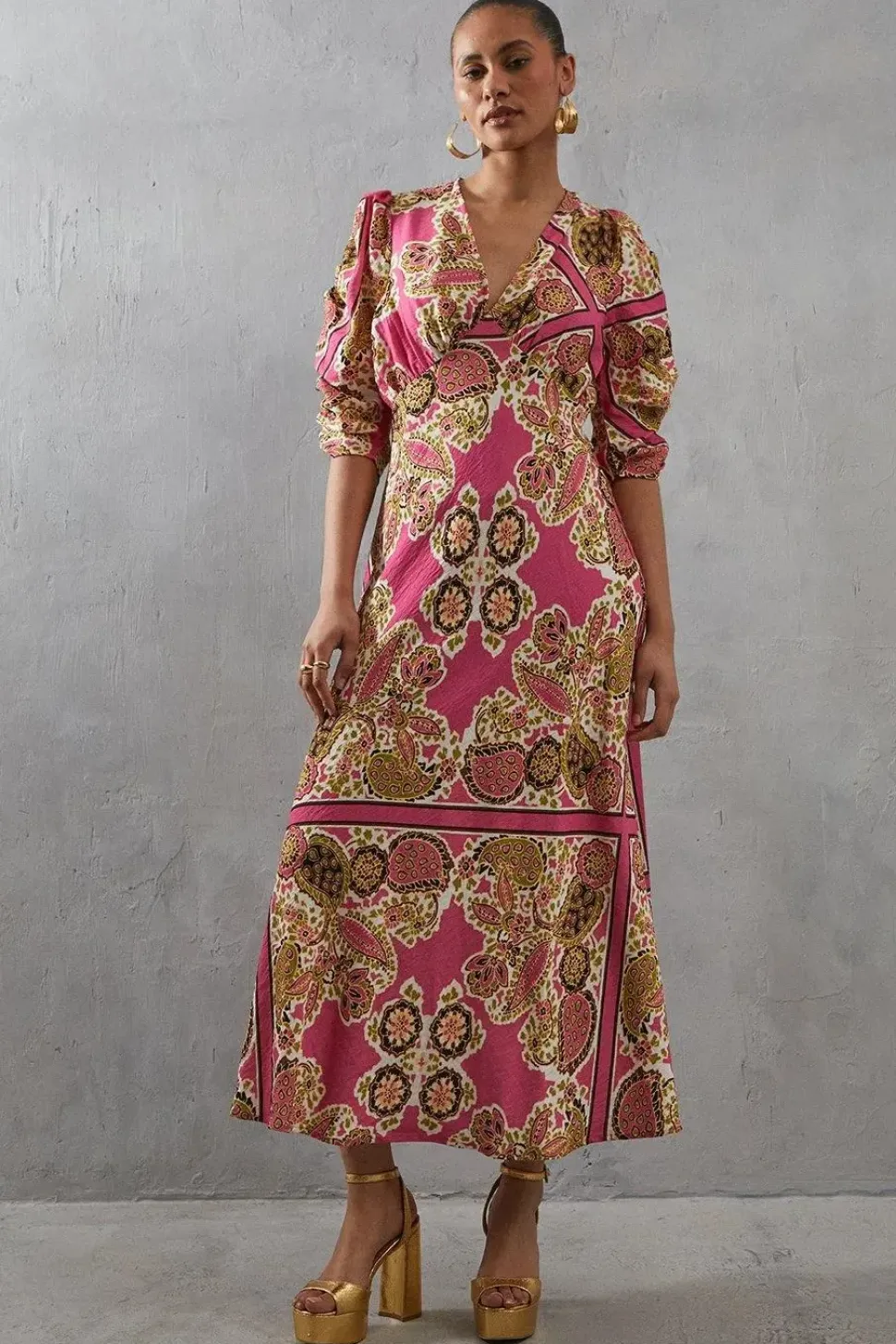 Viscose Paisley V Neck Puff Sleeve Midi