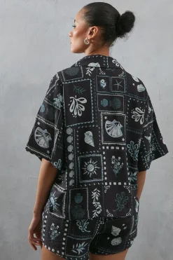 Viscose Postcard Print Nylon Boxy Shirt