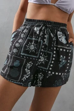 Viscose Postcard Print Nylon Drawstring Waist Short