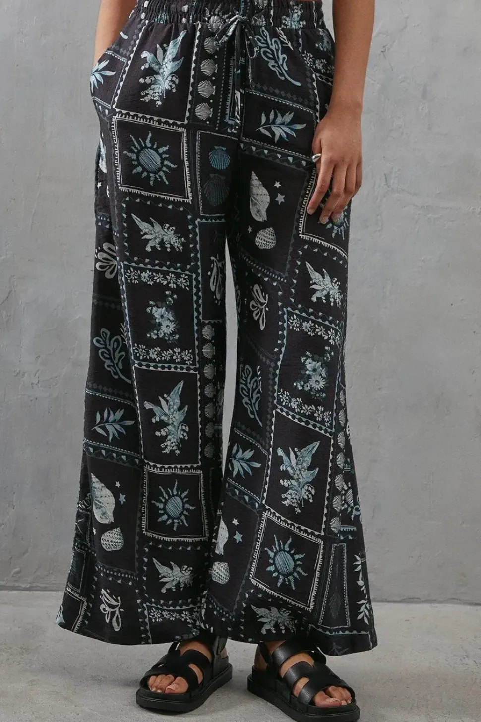 Viscose Postcard Print Nylon Wide Leg Trouser
