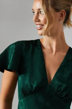 V Neck Angel Sleeve Satin Jacquard Bridesmaids Dress