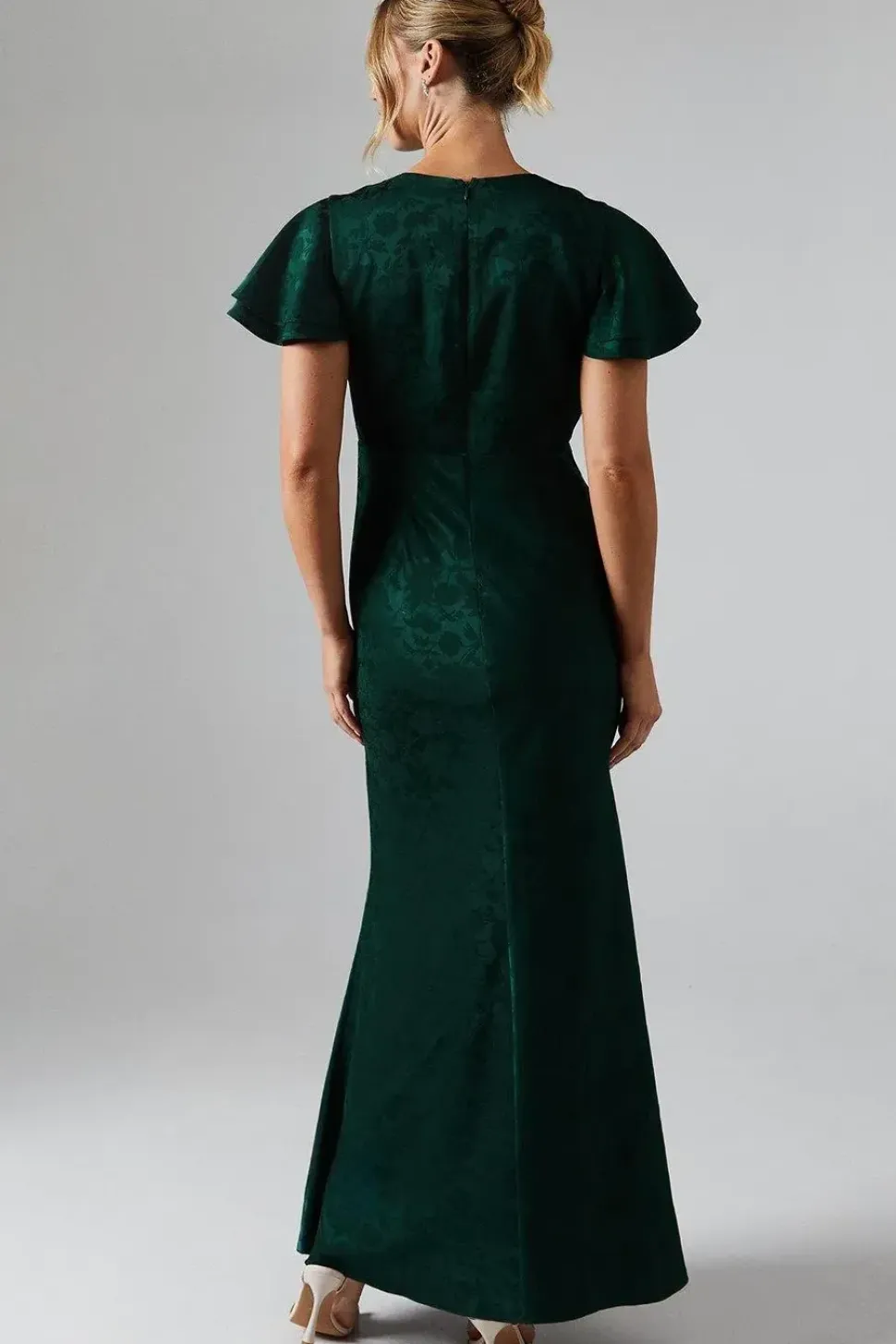 V Neck Angel Sleeve Satin Jacquard Bridesmaids Dress
