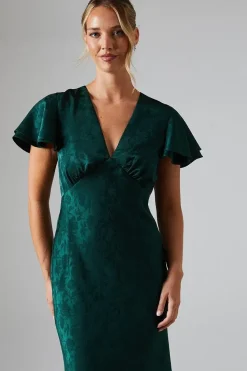 V Neck Angel Sleeve Satin Jacquard Bridesmaids Dress