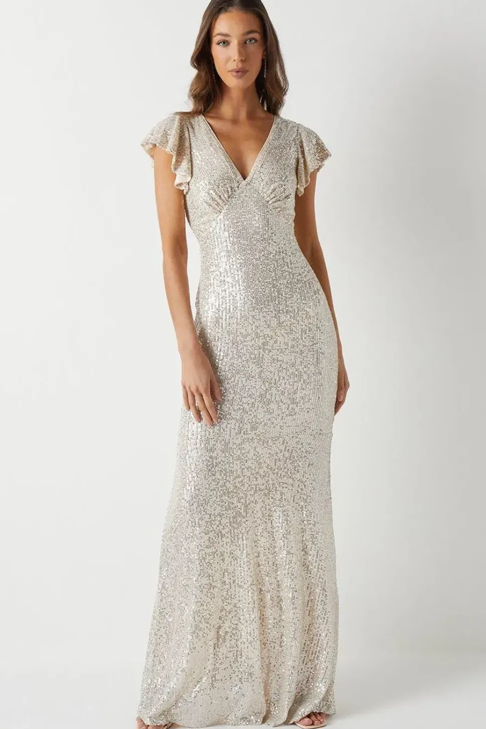 V Neck Angel Sleeve Sequin Maxi Bridesmaids Dress