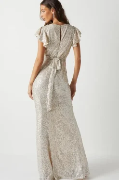 V Neck Angel Sleeve Sequin Maxi Bridesmaids Dress