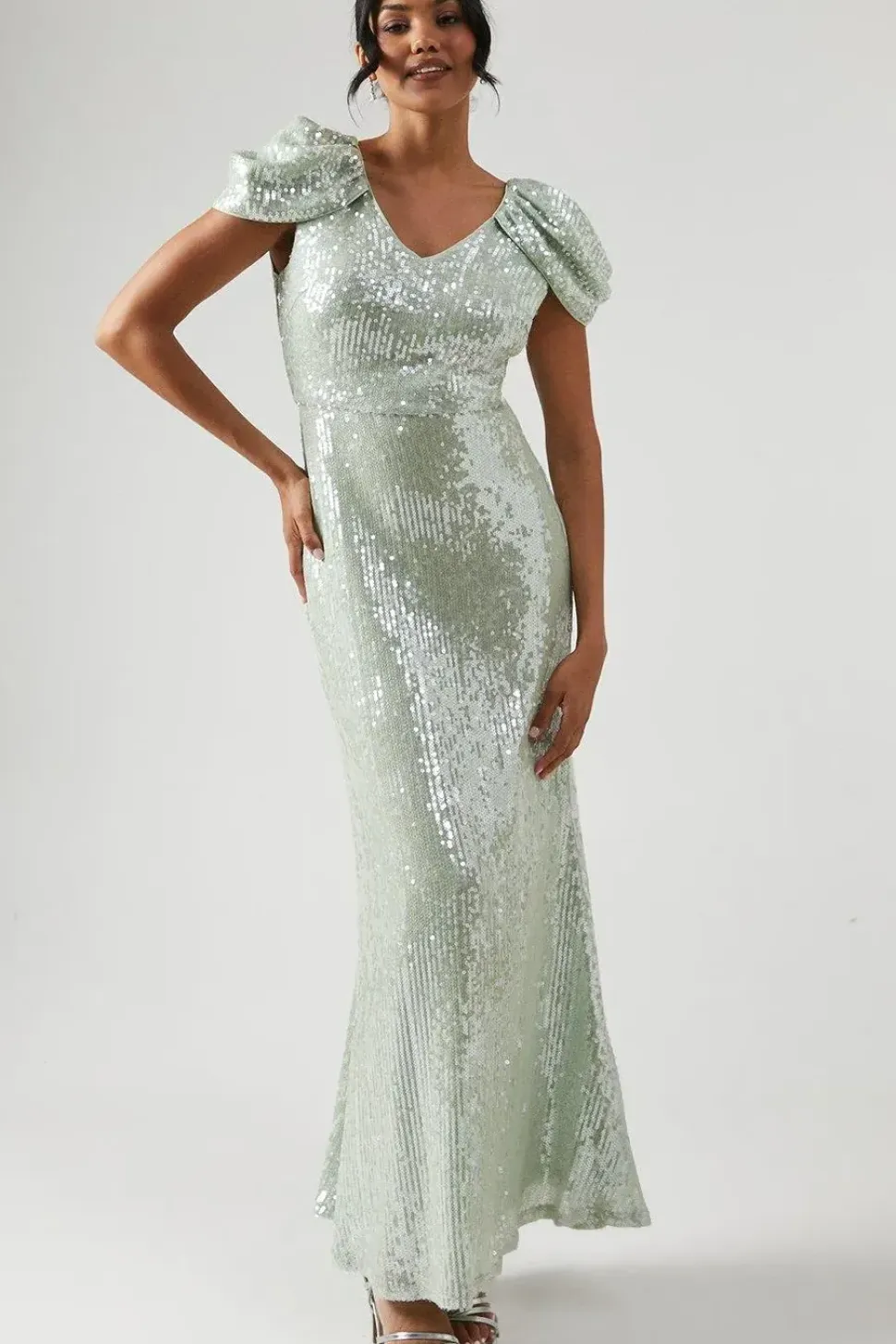 V Neck Draped Shoulder Sequin Bridesmaid Dress