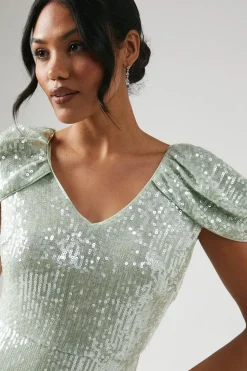 V Neck Draped Shoulder Sequin Bridesmaid Dress