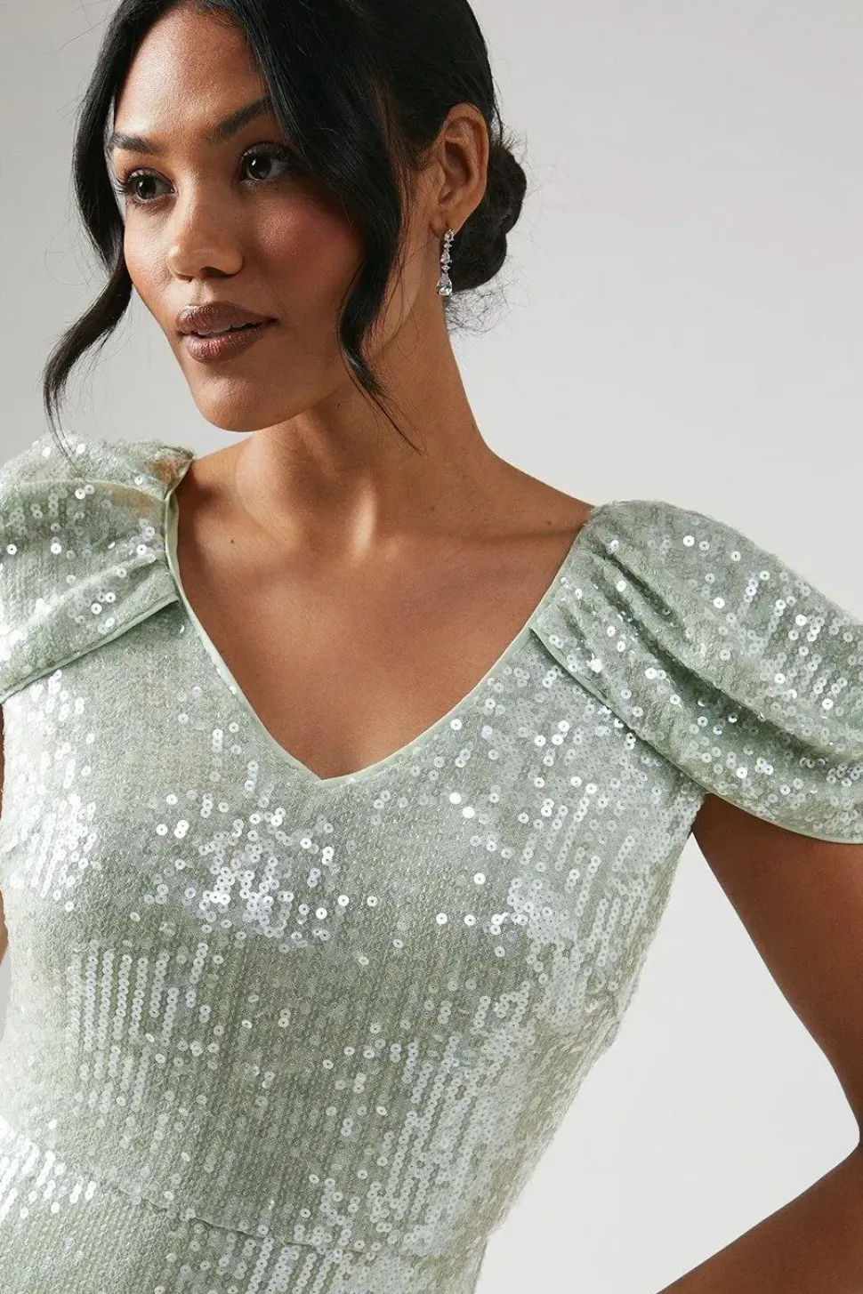 V Neck Draped Shoulder Sequin Bridesmaid Dress