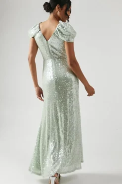 V Neck Draped Shoulder Sequin Bridesmaid Dress