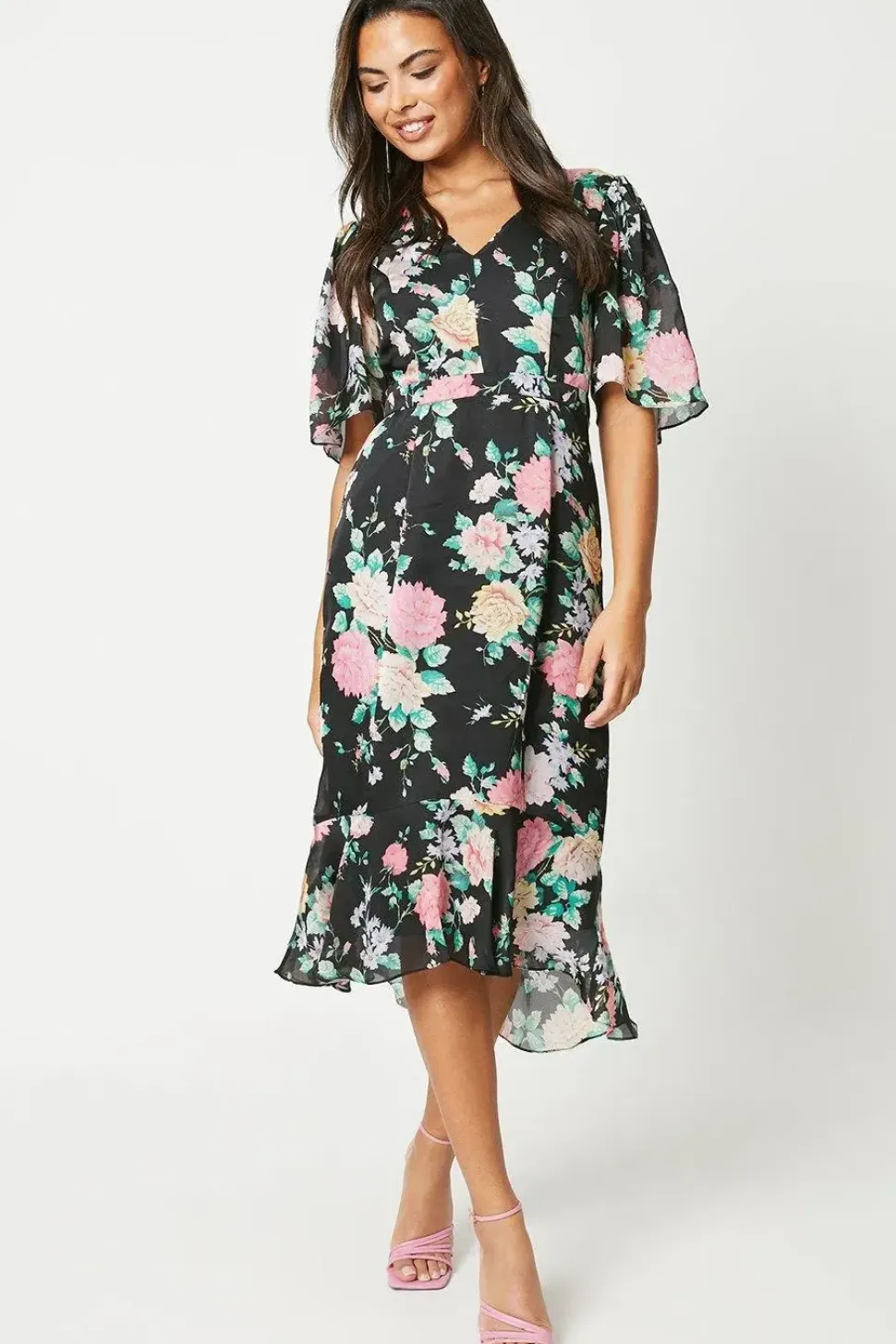 V Neck Fluted Hem Dress