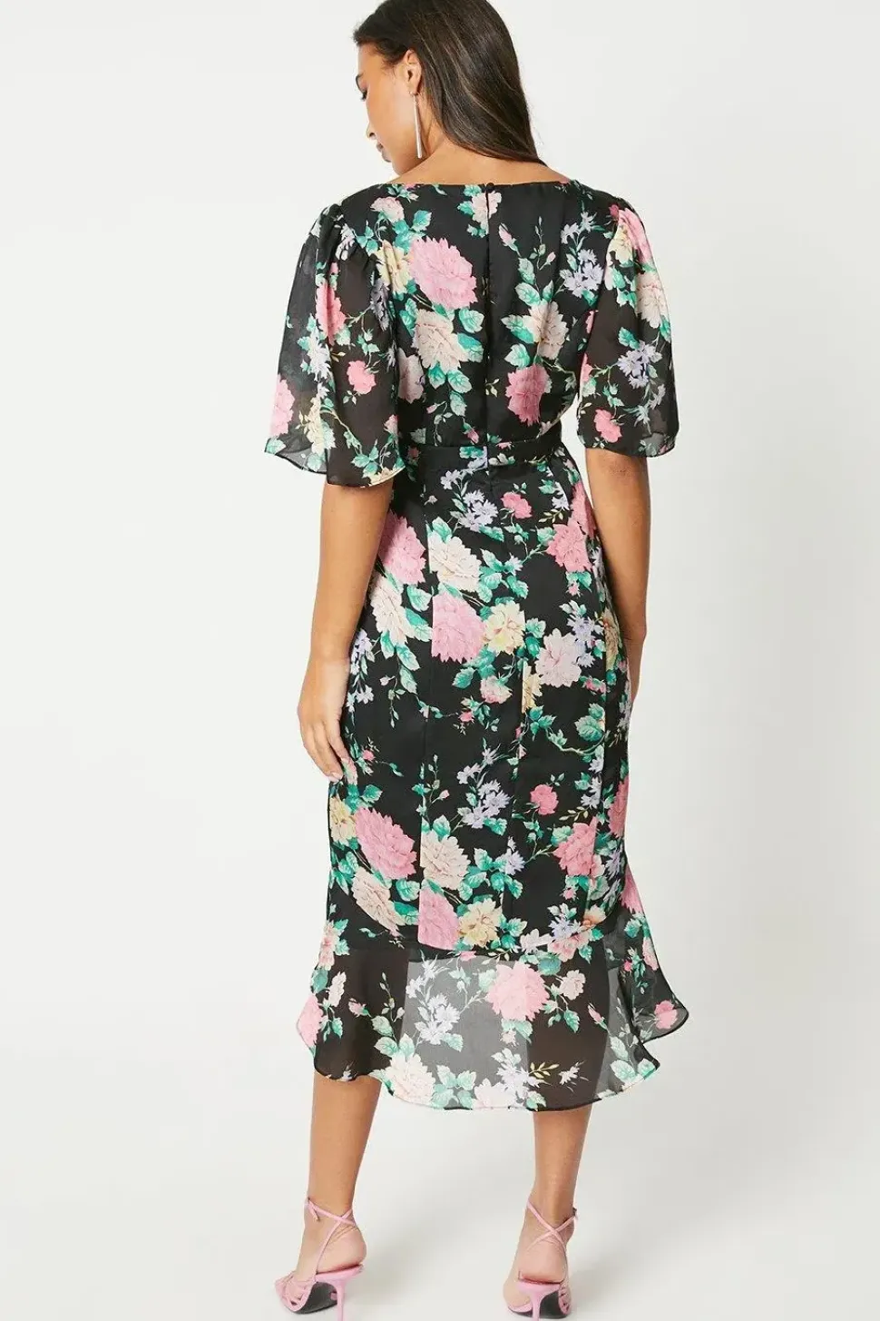 V Neck Fluted Hem Dress