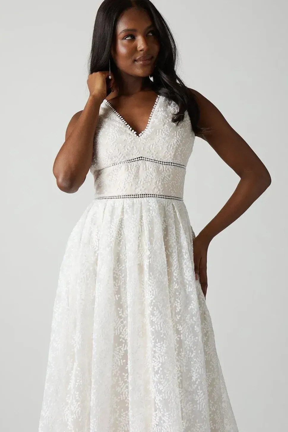 V Neck Full Skirted Embroidered Wedding Dress