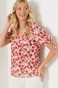 V Neck Gathered Tie Sleeve Blouse
