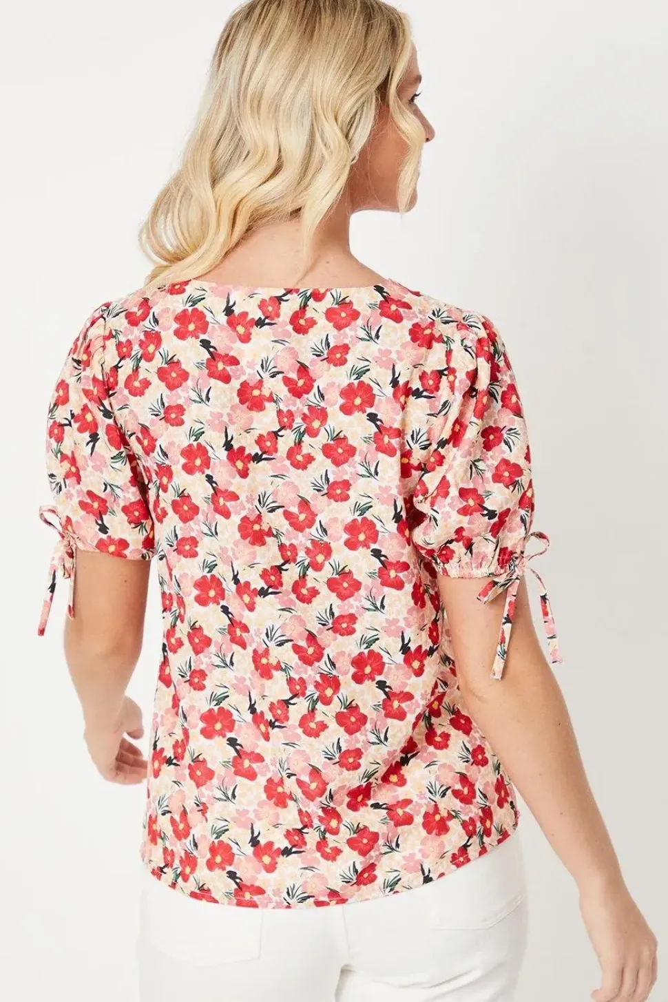 V Neck Gathered Tie Sleeve Blouse