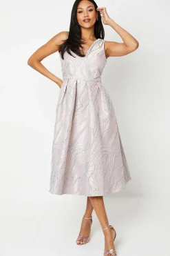 V Neck Jacquard Midi Dress