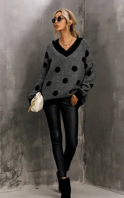 V Neck Jumper In Charcoal Grey & Black Polka Dot Print