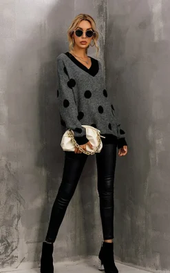 V Neck Jumper In Charcoal Grey & Black Polka Dot Print