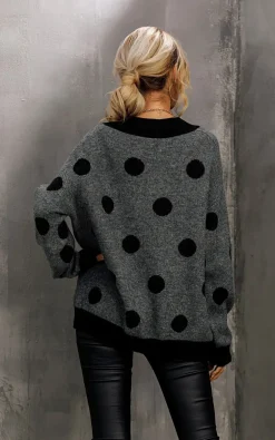 V Neck Jumper In Charcoal Grey & Black Polka Dot Print