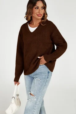 V Neck Jumper Top In Brown