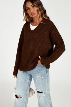 V Neck Jumper Top In Brown