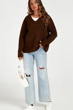 V Neck Jumper Top In Brown