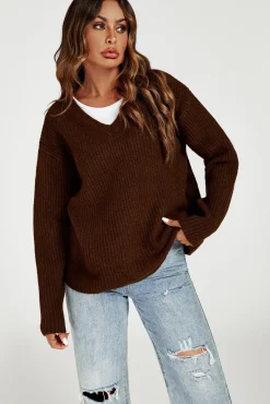 V Neck Jumper Top In Brown