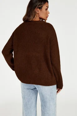 V Neck Jumper Top In Brown