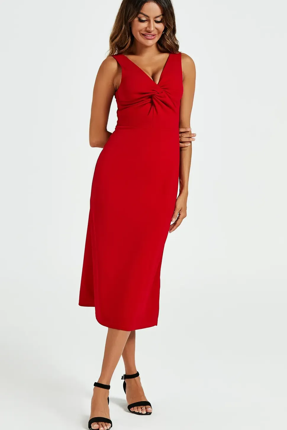 V Neck Knot Front Midi Dress In Red