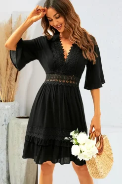 V Neck Lace Mini Dress In Black
