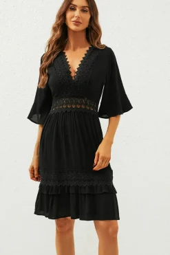 V Neck Lace Mini Dress In Black