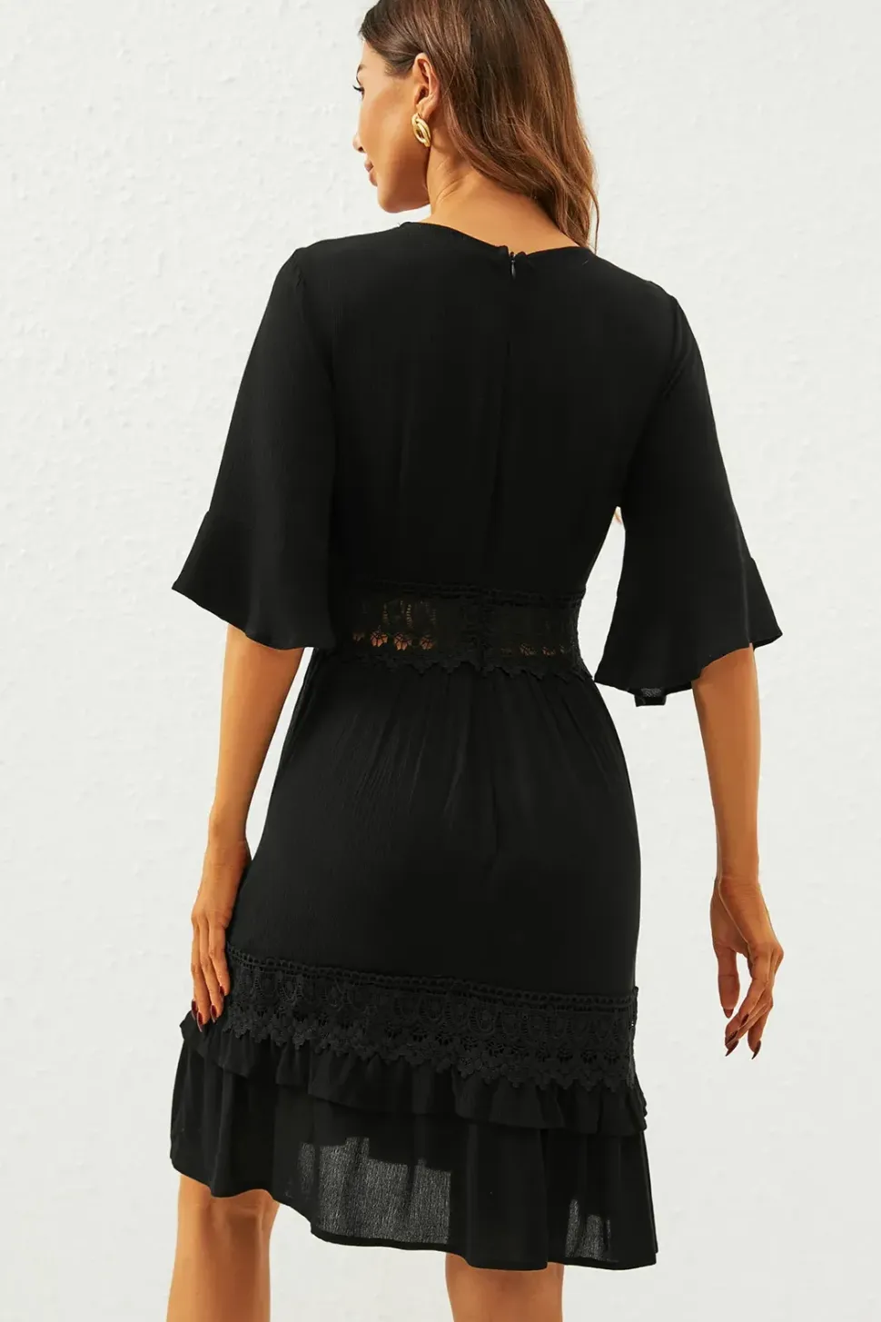 V Neck Lace Mini Dress In Black
