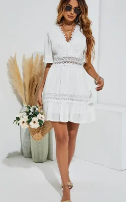 V Neck Lace Mini Dress In Ivory White