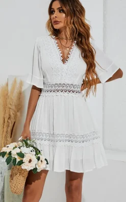 V Neck Lace Mini Dress In Ivory White