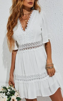 V Neck Lace Mini Dress In Ivory White