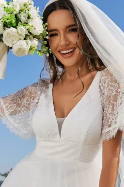 V-Neck Lace Tulle Wedding Dresses with Ruffled Sleeves