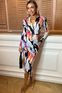 V-Neck Long Sleeve Bodycon Midi Dress