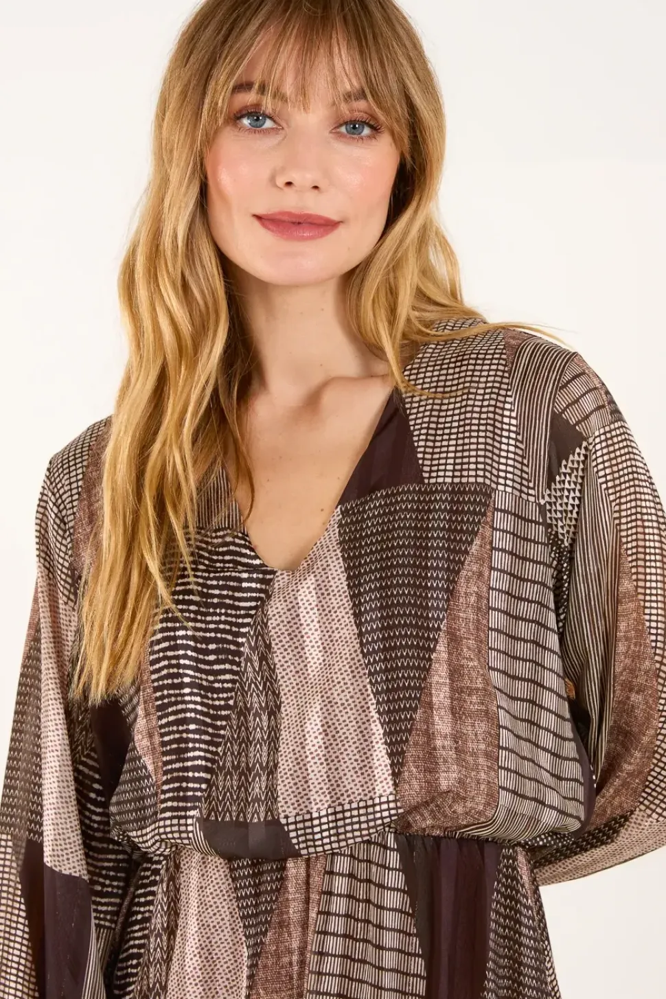 V Neck Metallic Patchwork Print Dress