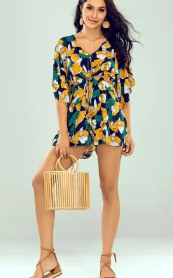 V Neck Playsuit In Navy & Green & Yellow