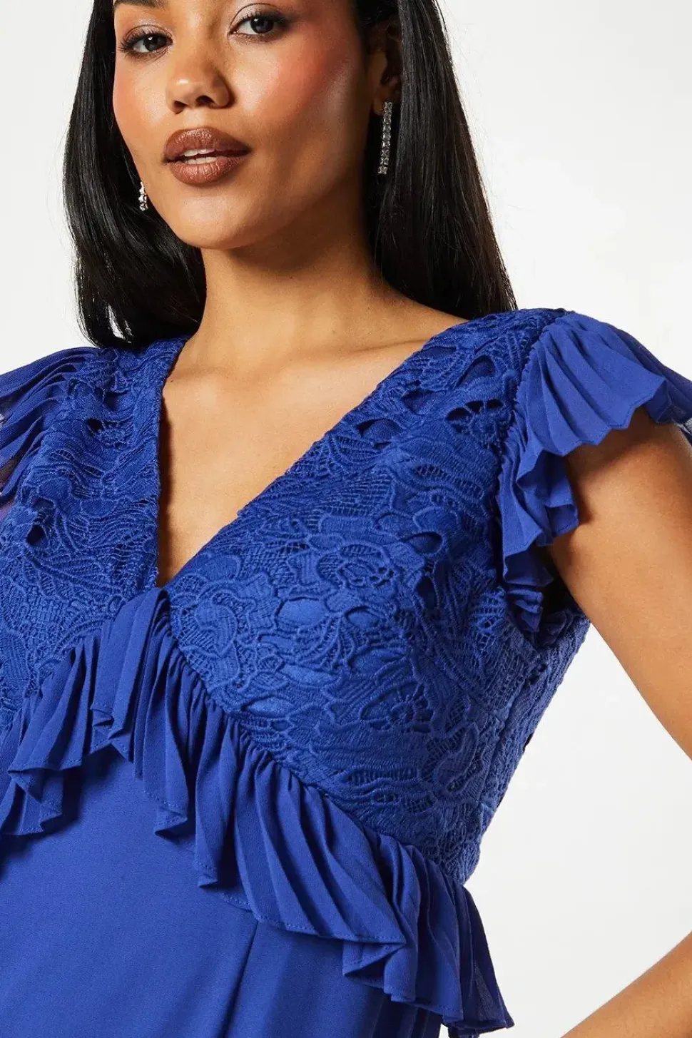 V Neck Pleated Ruffle Georgette Midi Wedding Guest Dress