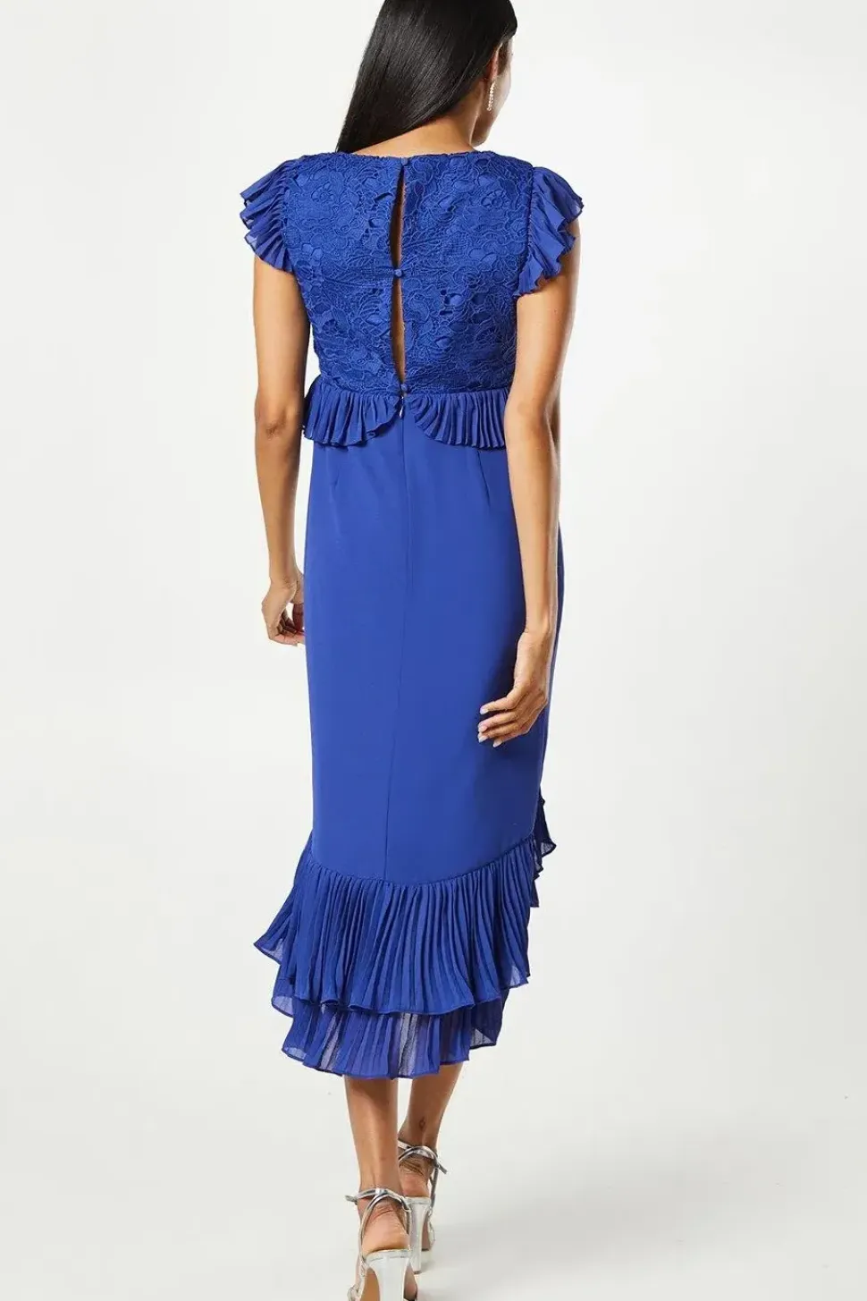 V Neck Pleated Ruffle Georgette Midi Wedding Guest Dress