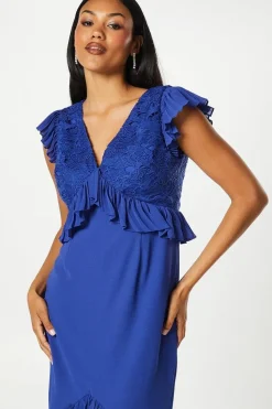V Neck Pleated Ruffle Georgette Midi Wedding Guest Dress