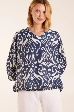 V Neck Printed Batwing Elasticated Hem Top