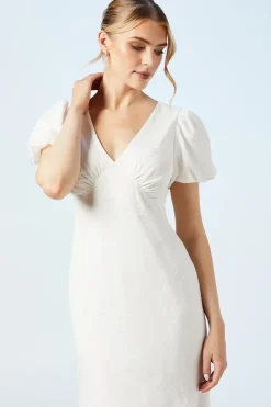 V Neck Puff Sleeve Satin Jacquard Wedding Dress