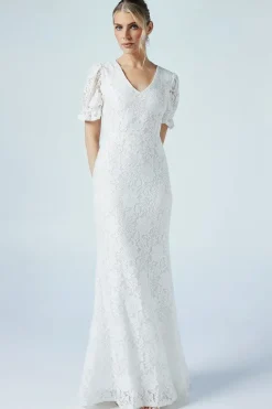 V Neck Puff Sleeve Stretch Lace Wedding Dress