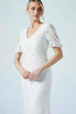 V Neck Puff Sleeve Stretch Lace Wedding Dress