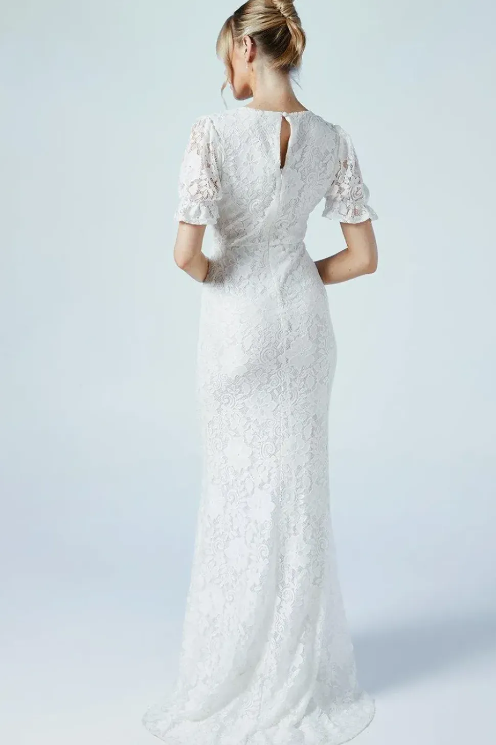 V Neck Puff Sleeve Stretch Lace Wedding Dress