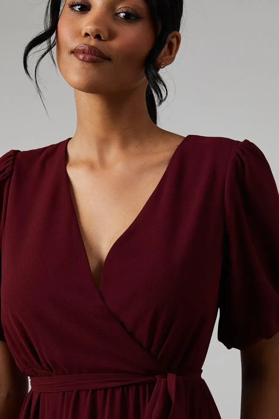 V Neck Puff Sleeve Tiered Georgette Bridesmaids Dress